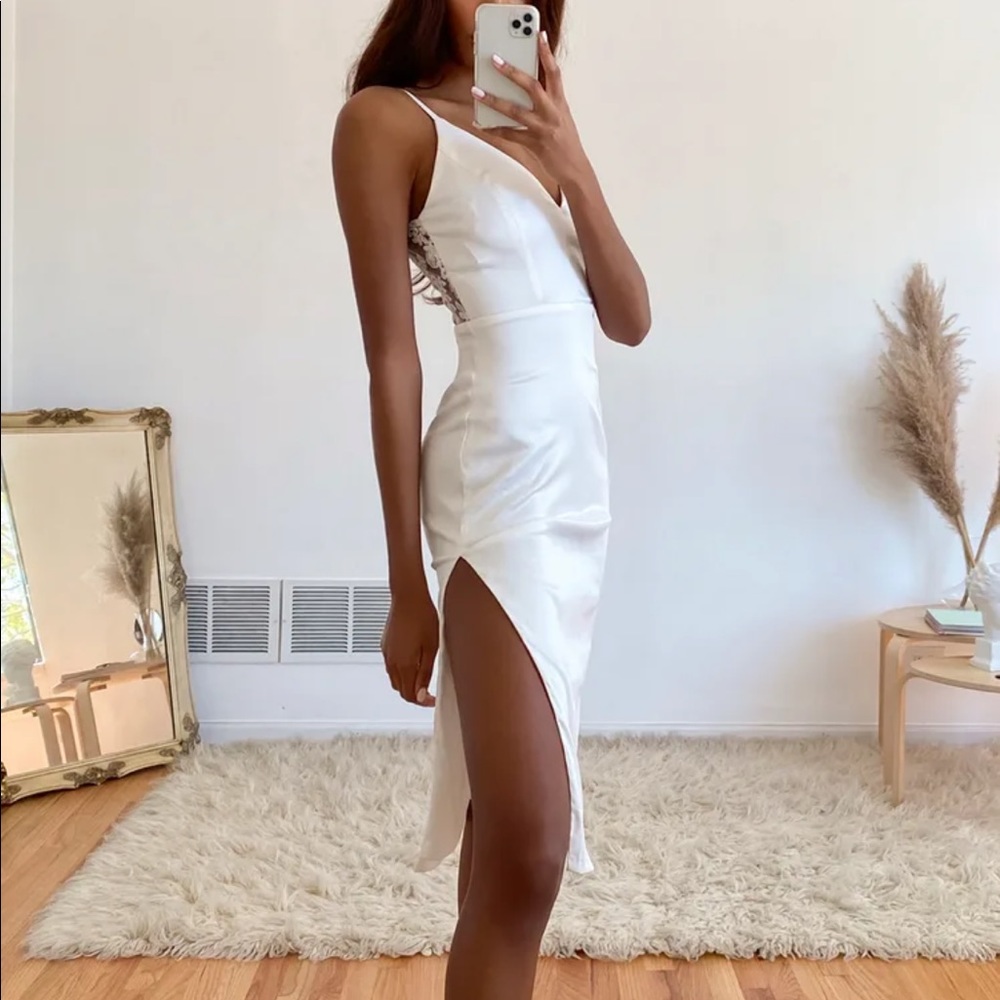 Stunning Sight White Embroidered Lace Satin Midi Dress